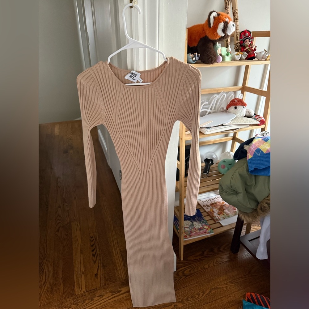 Princess Polly Long Sleeve Ribbed Dress in Beige - Picture 4 of 4